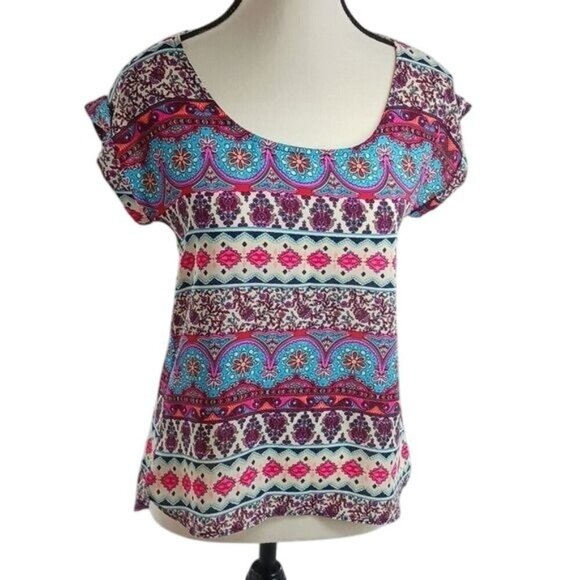 Hippie Rose Blouse Abstract Print Short Sleeve Boho Womens Size XS - Picture 1 of 7